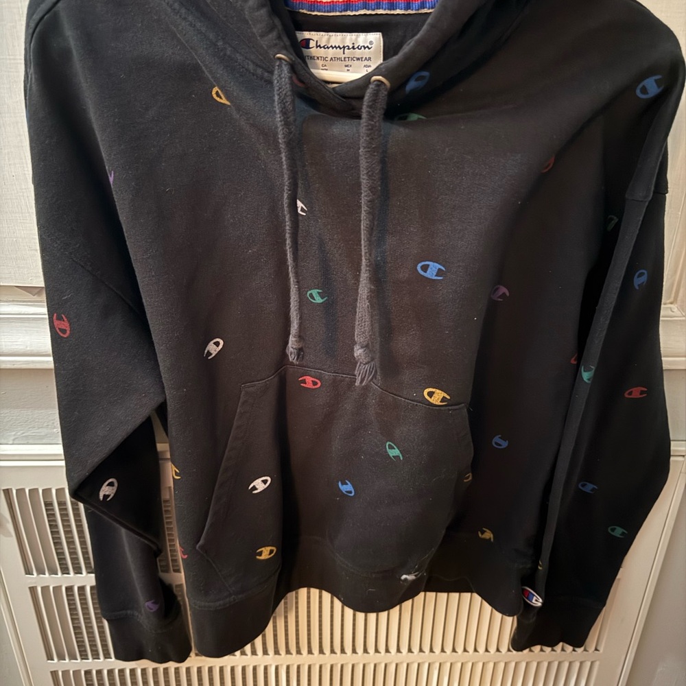 Champion Men's Black Hoodie with Colorful Logo Accents